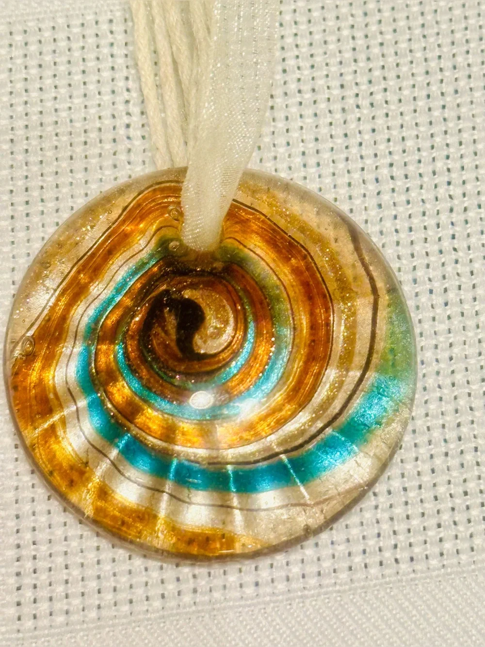 Murano Style Spiral Art Glass Round Bronze/Teal Pendant Necklace w/Claw Clasps
